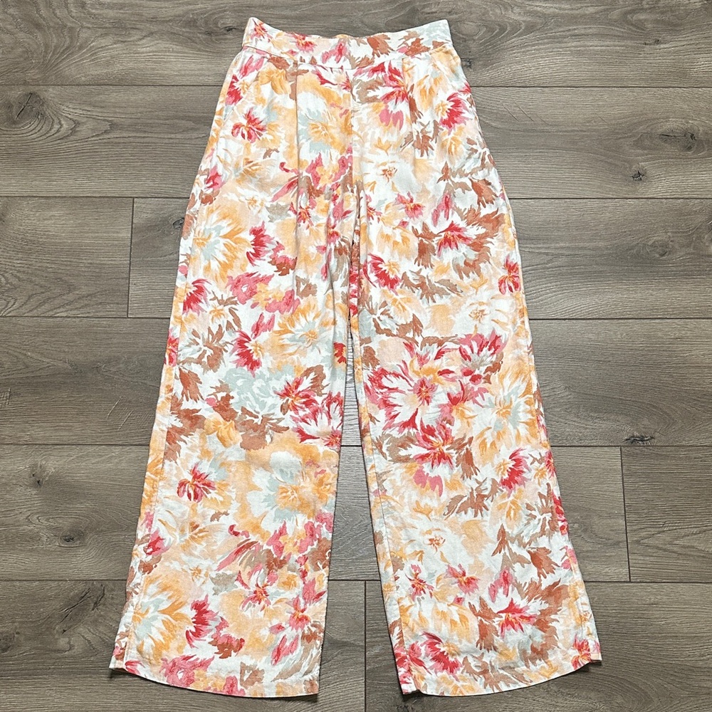 Abercrombie & Fitch High Rise Wide Leg Pleated Linen Floral Pants Orange Pink XS - Picture 2 of 14
